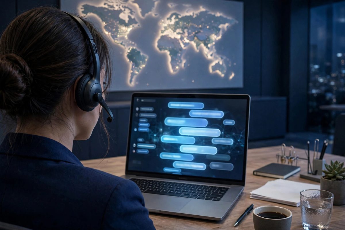 A customer service specialist wearing a headset, working at a laptop with a world map ahead
