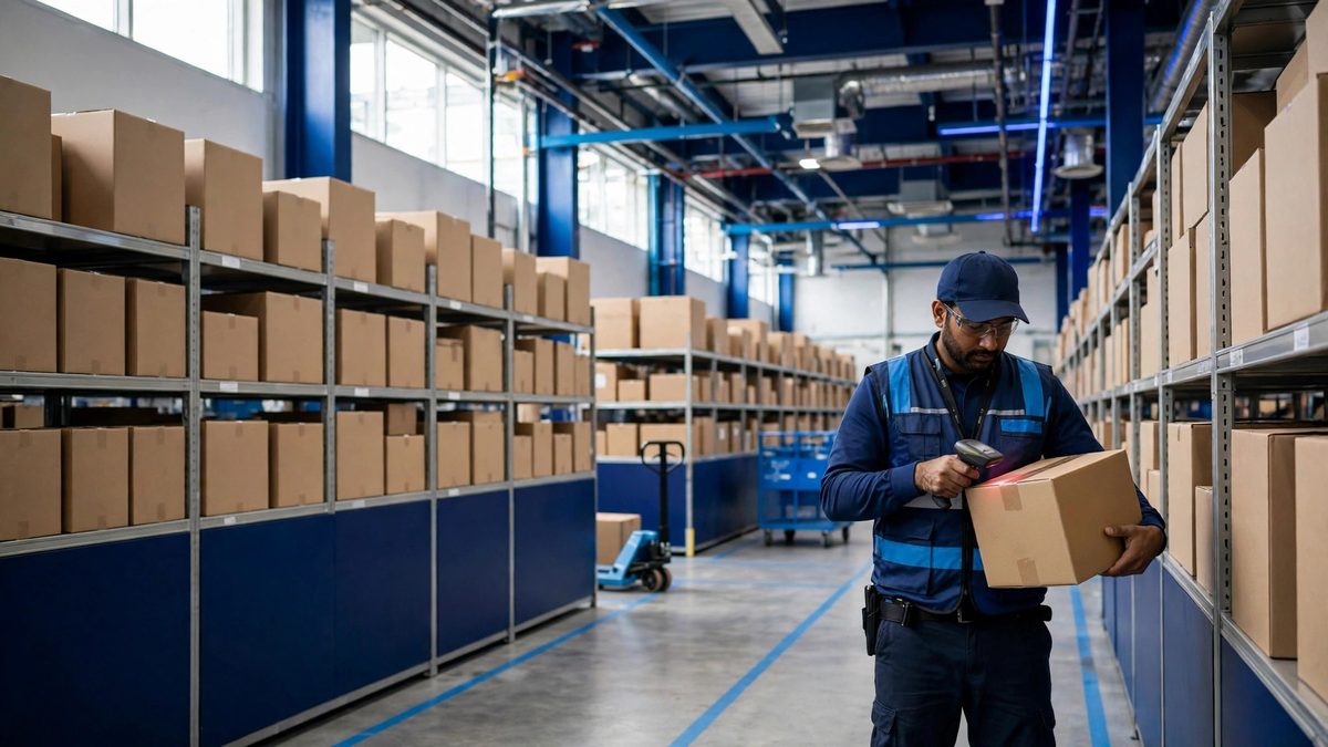 A warehouse worker scanning a parcel in an e-commerce fulfilment centre aisle