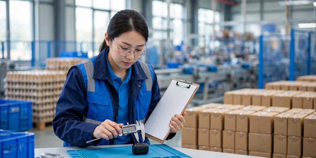 A quality inspector measuring a product with digital calipers beside stacked cartons in a factory